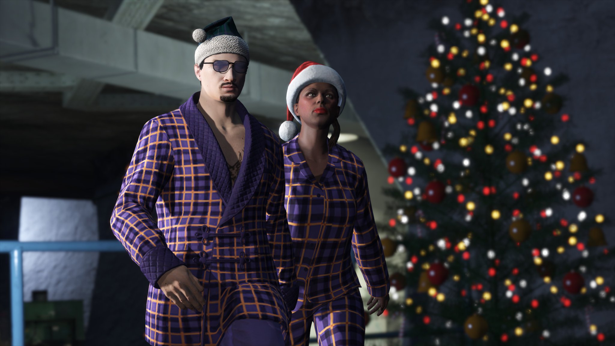 GTA Characters in Christmas robes standing in front of a lit up Christmas tree